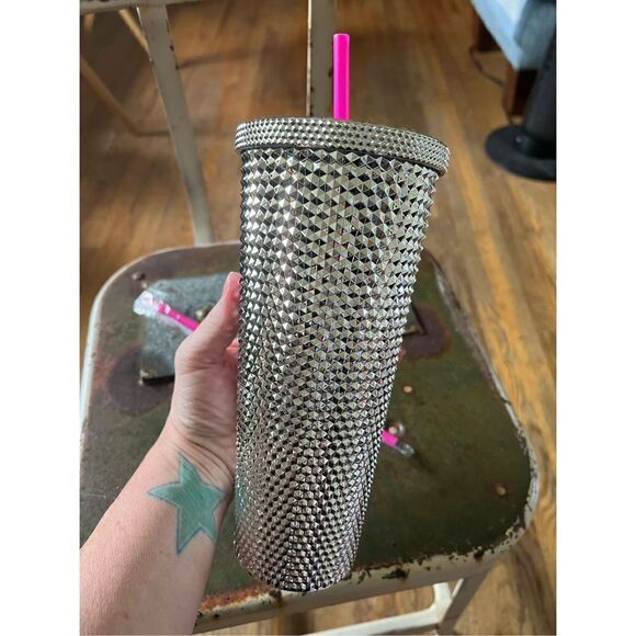 Silver Studded 24 oz Tumbler with Reusable Straws - Picture 2 of 7